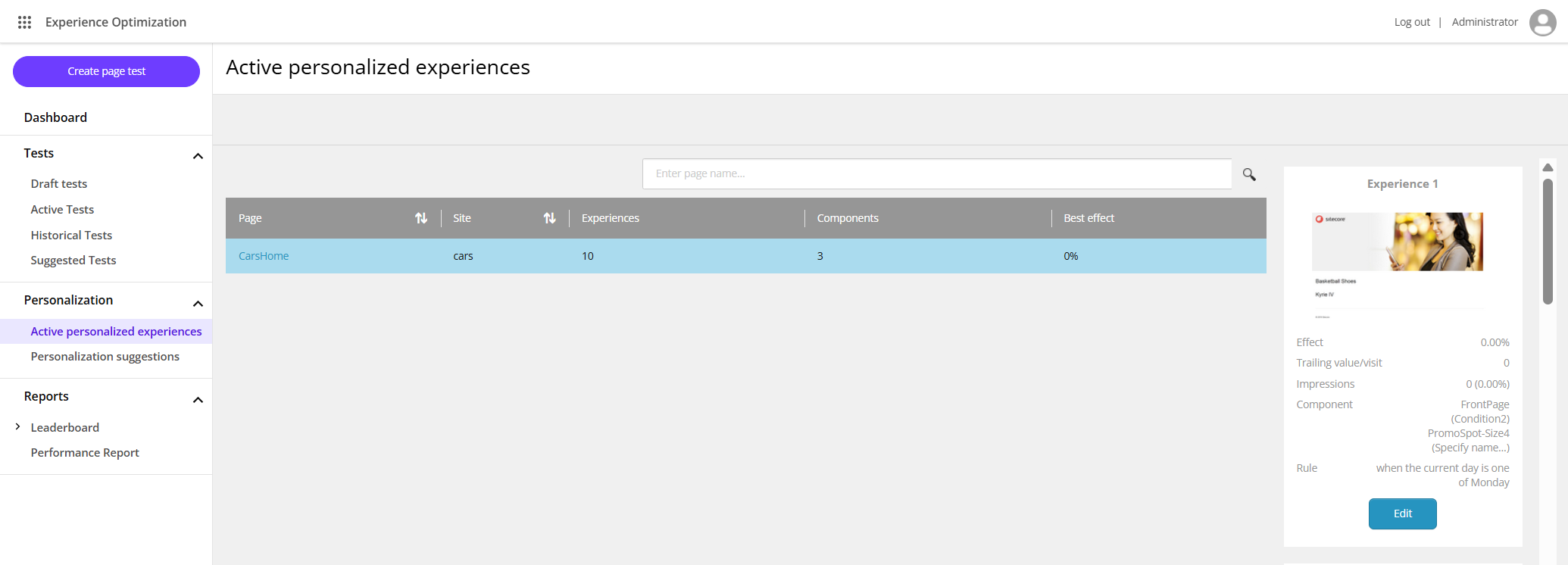 The Active personalized experiences list