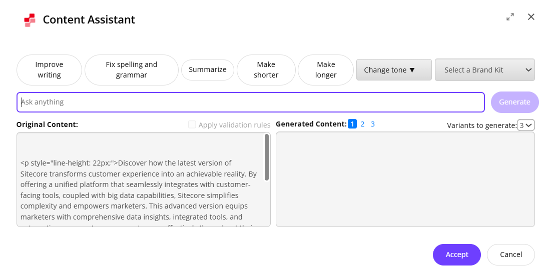 You can select the Apply validation rules option in the Content Assistant dialog. You can select the Apply validation rules option in the Content Assistant dialog.