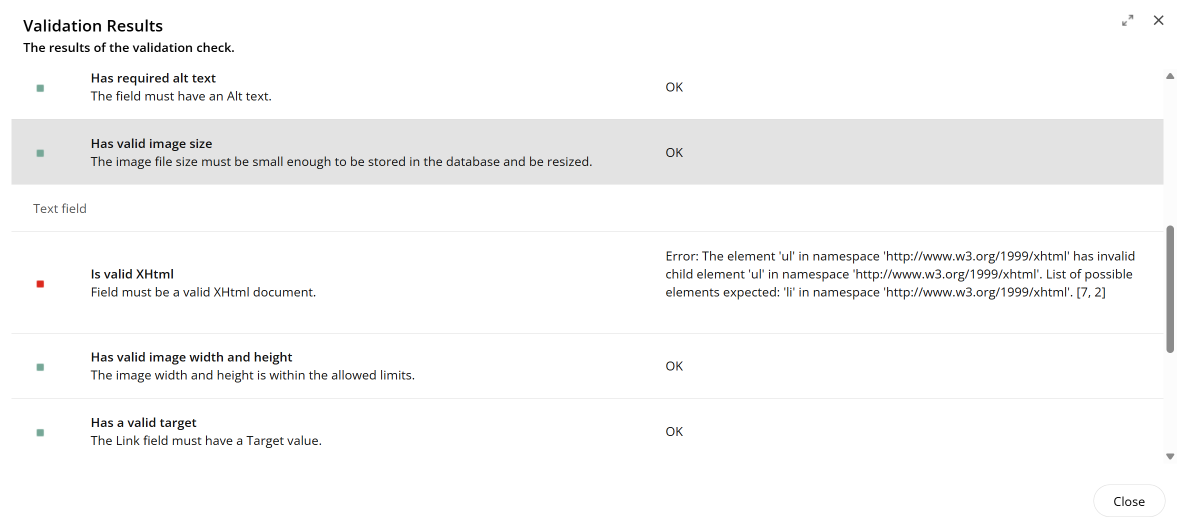 The Validation Results dialog The Validation Results dialog