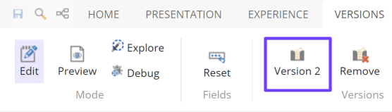 The Versions button on the Experience Editor ribbon