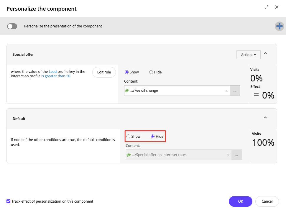 The Personalize the component dialog box with Hide selected.