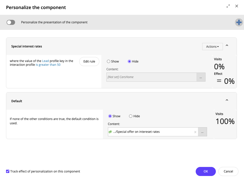 The Personalize the component dialog box with the newly defined rule