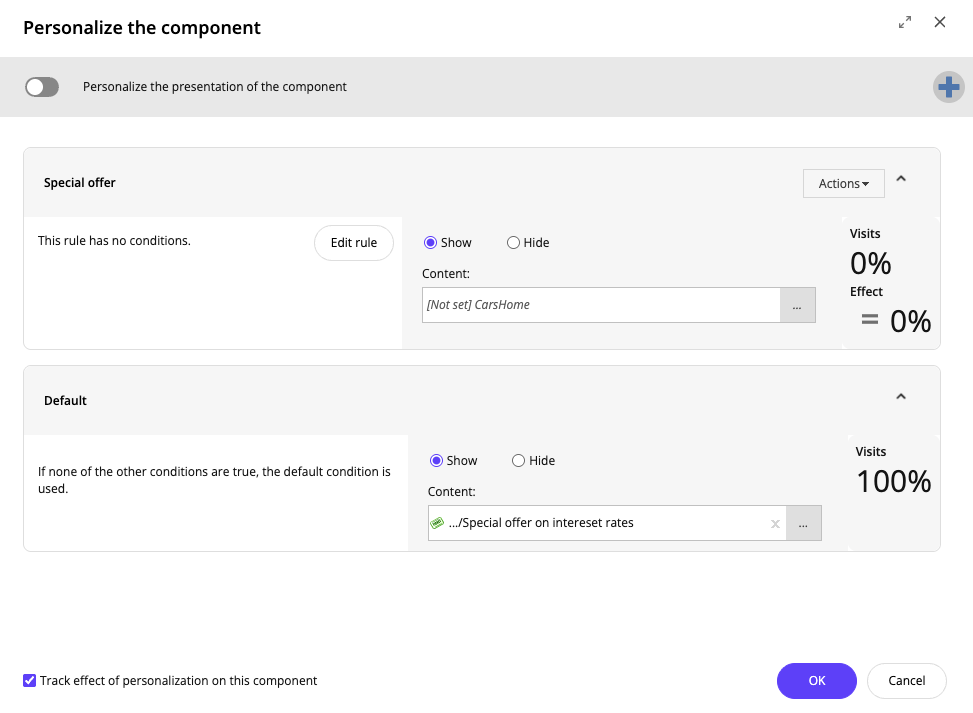 The personalize the component dialog box with a new, undefined rule