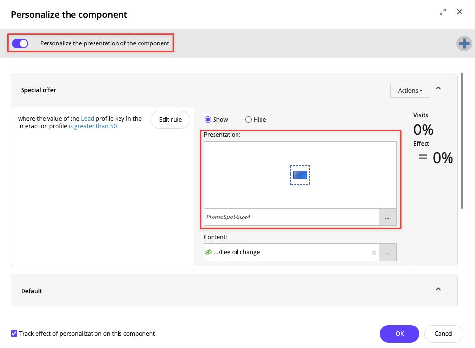 The Personalize the component dialog box with Personalize the presentation enabled