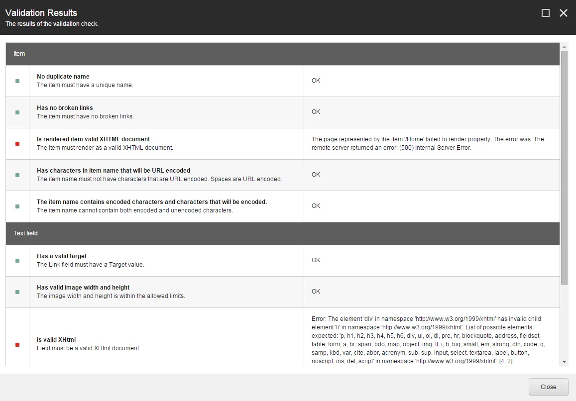 The Validation Results dialog box