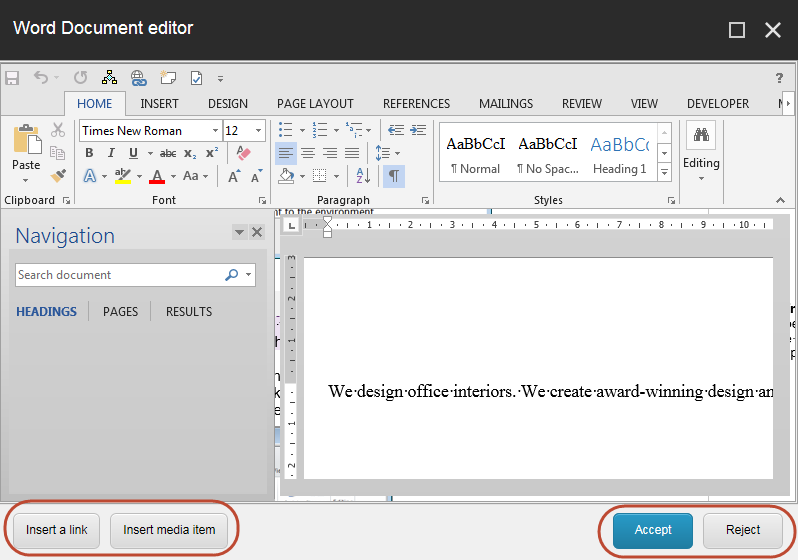 The Word Document editor dialog box.