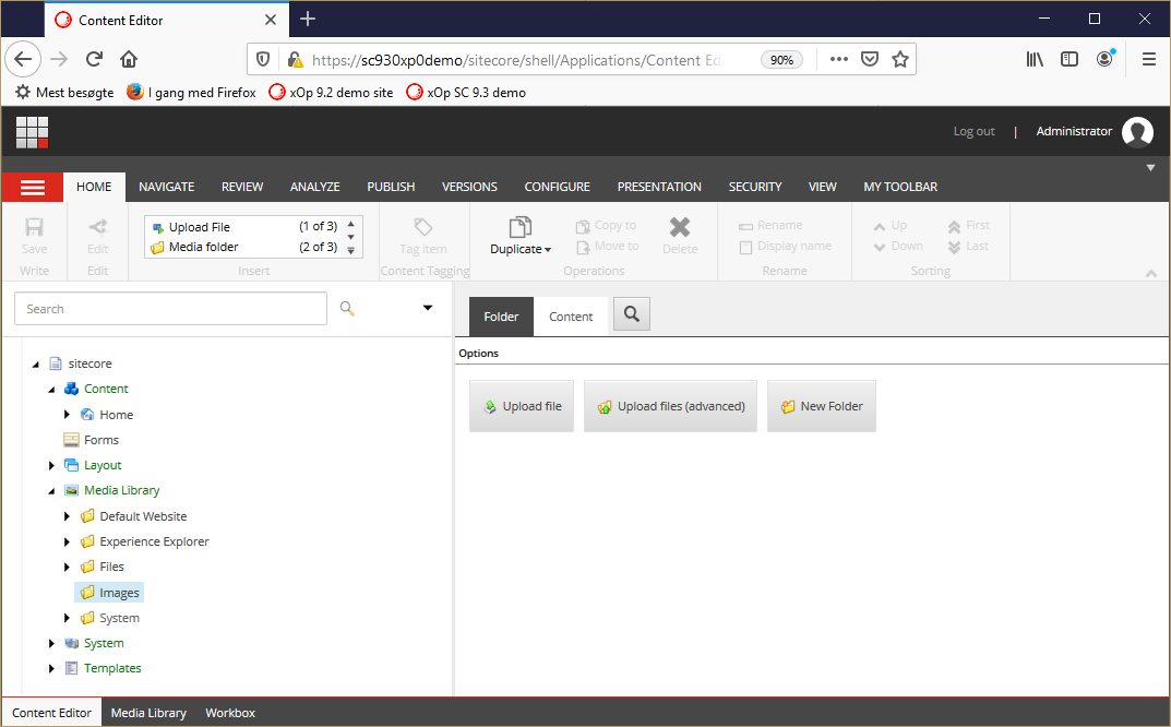 The content editor with a folder in the Media Library selected