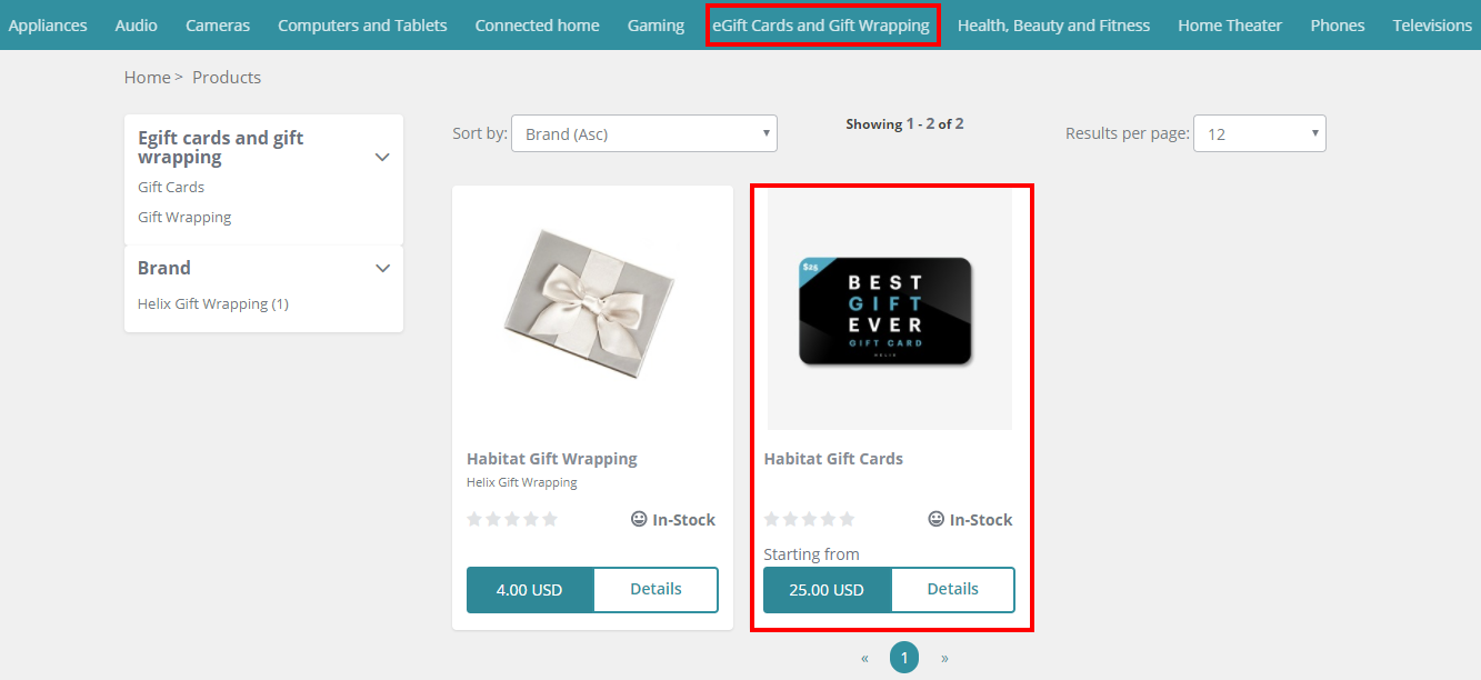 The Gift card product on the eGift Cards and Gift Wrapping category page. The Gift card product on the eGift Cards and Gift Wrapping category page.