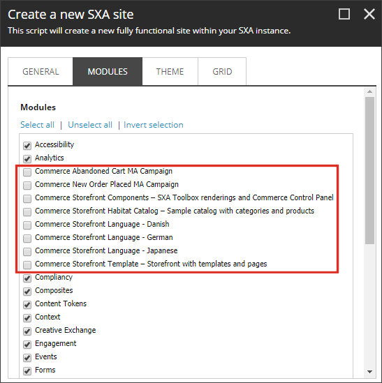 The Modules tab in the Create a new SXA site window.