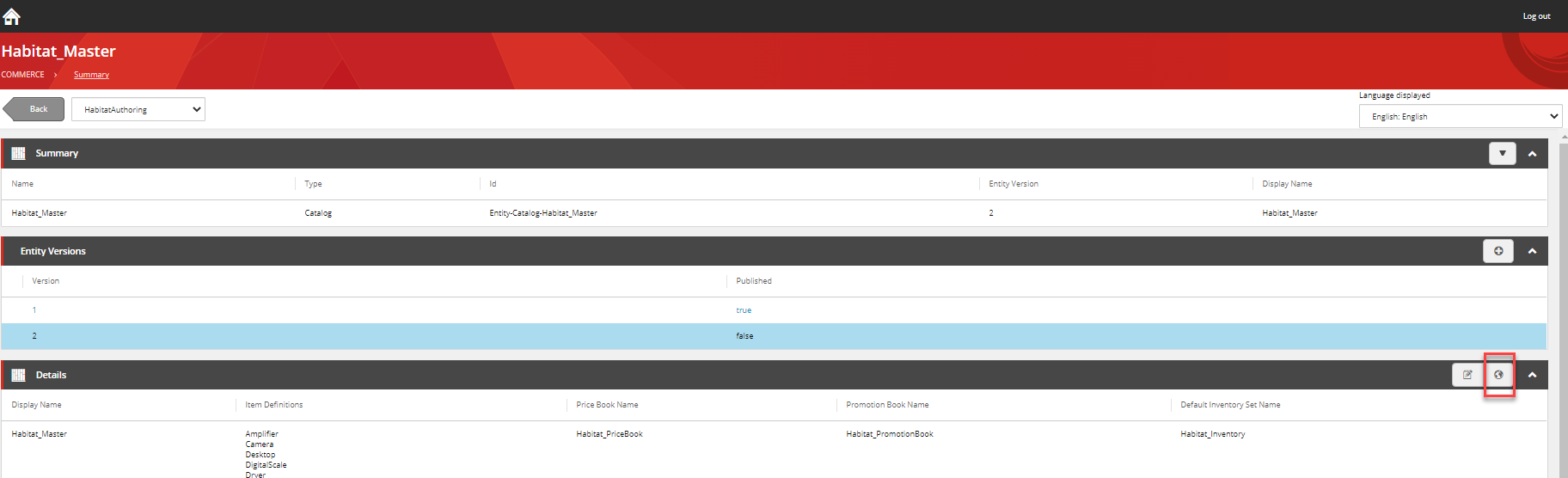In the Business Tools, the Details view of the Habitat_Master catalog.