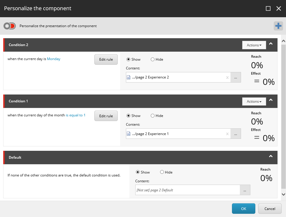 The Personalize the component dialog box with the example conditions