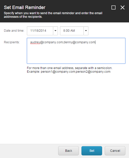 The second page of the Set Email Reminder wizard.