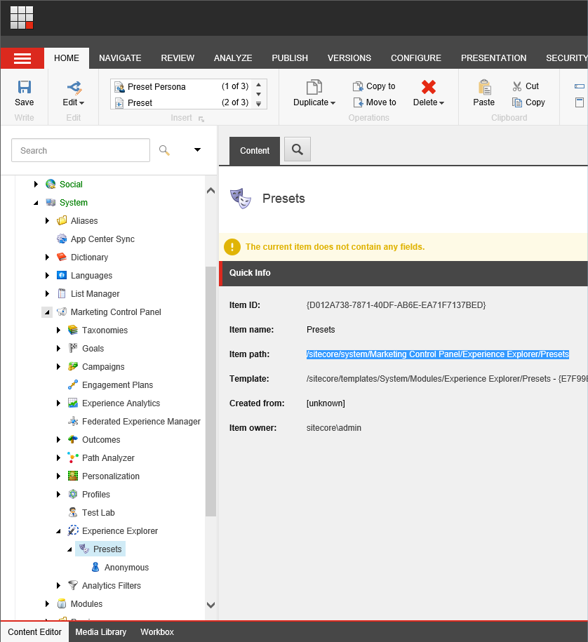 The Presets node in the Content Editor