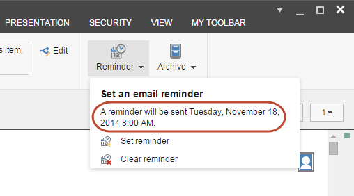 The scheduled reminder displayed in the Reminder menu.