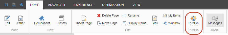 The Publish button on the Experience Editor ribbon The Publish button on the Experience Editor ribbon
