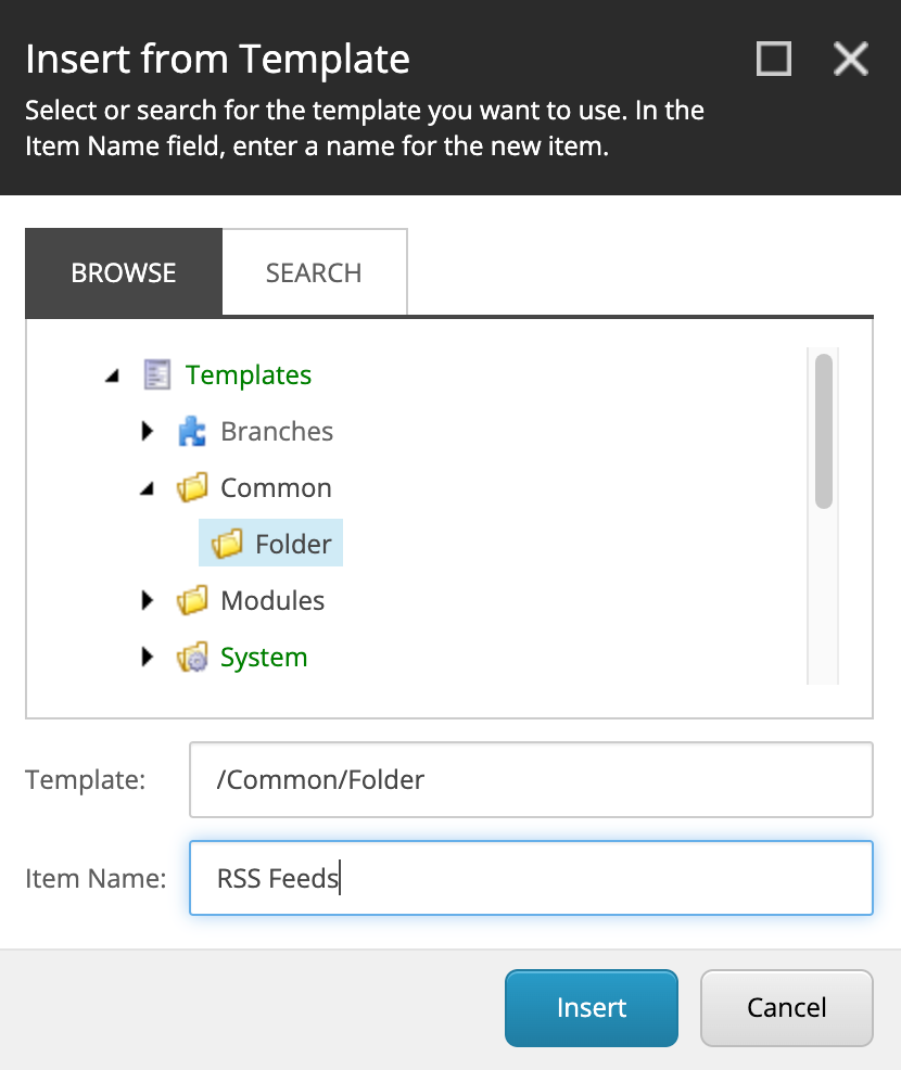 The Insert from Template dialog box with Folder selected The Insert from Template dialog box with Folder selected
