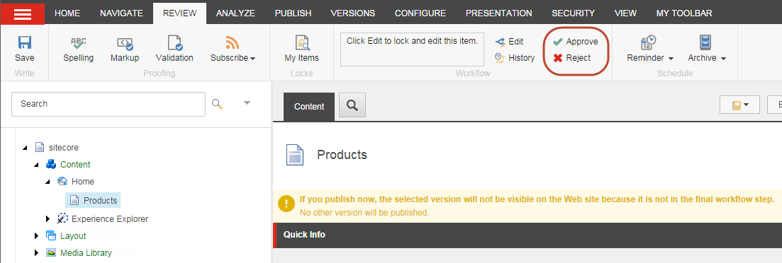 The Approve and Reject button on the Review tab The Approve and Reject button on the Review tab