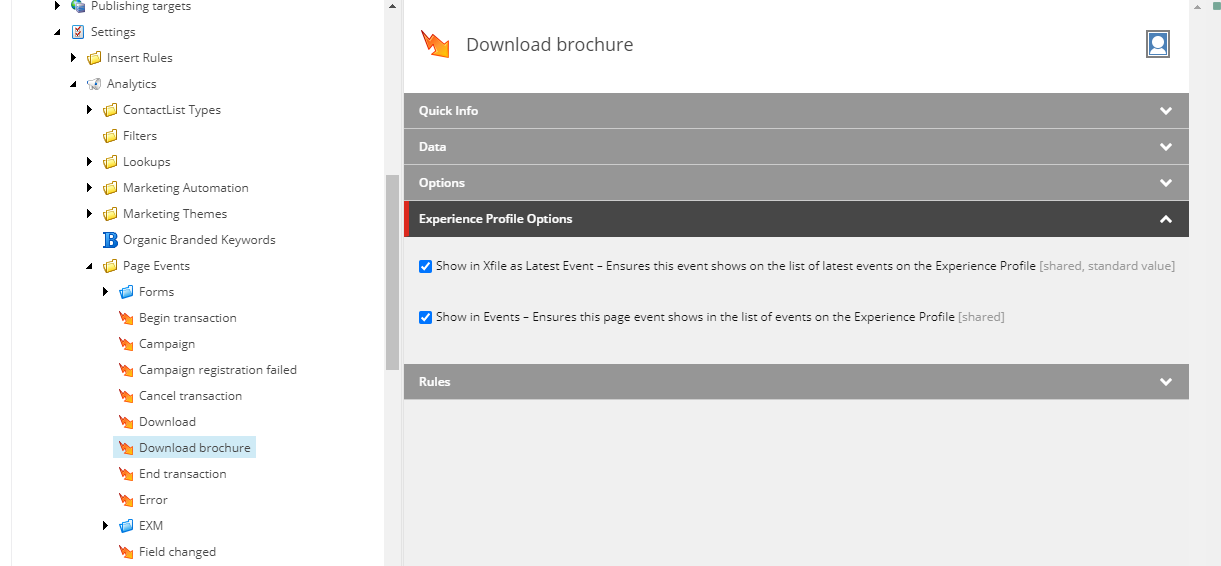 The Experience Profile Option section on a page event item