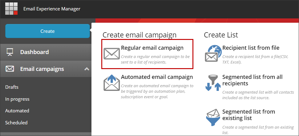 Create email campaign window. Create email campaign window.