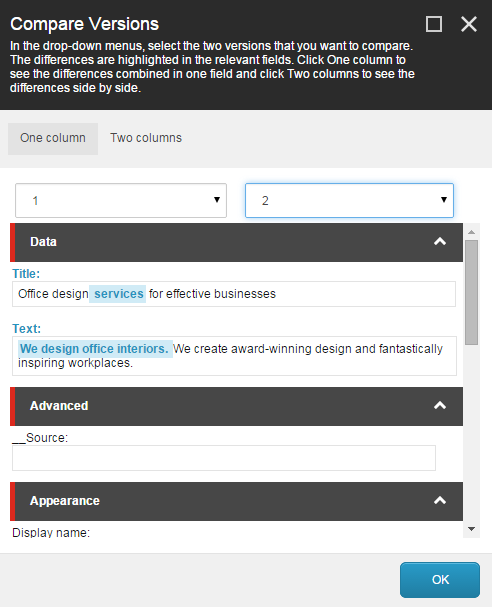 The Compare Versions dialog box with one column