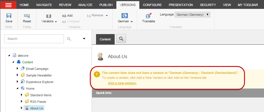 The Add a new language version notification The Add a new language version notification