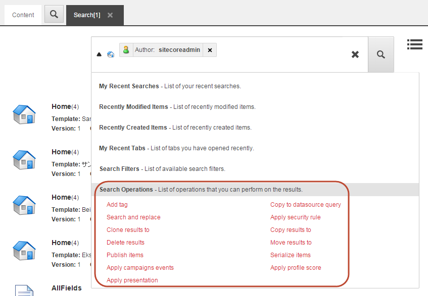 The Search Operations section on the Search tab.