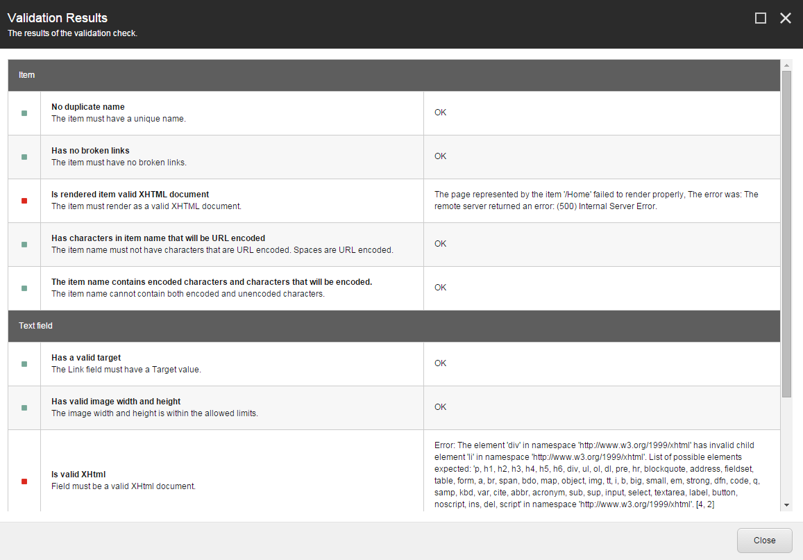 The Validation Results dialog box