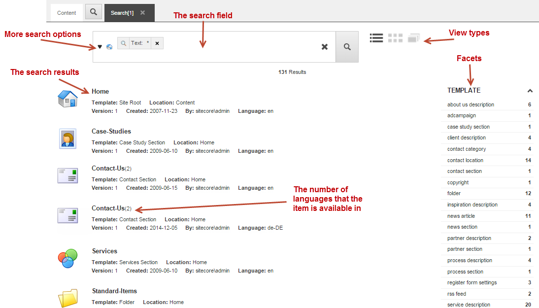 The Search tab with callouts to the search options, results, and filters. The Search tab with callouts to the search options, results, and filters.