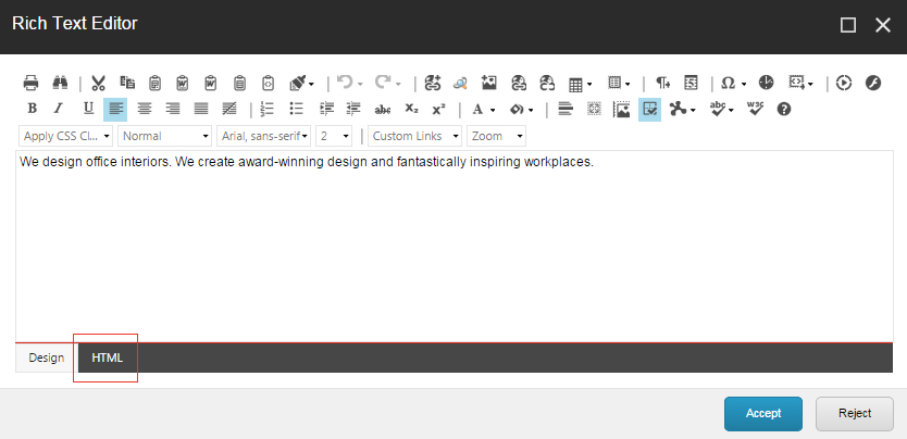 The Rich Text Editor dialog box.