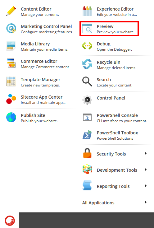 The Sitecore Desktop menu The Sitecore Desktop menu