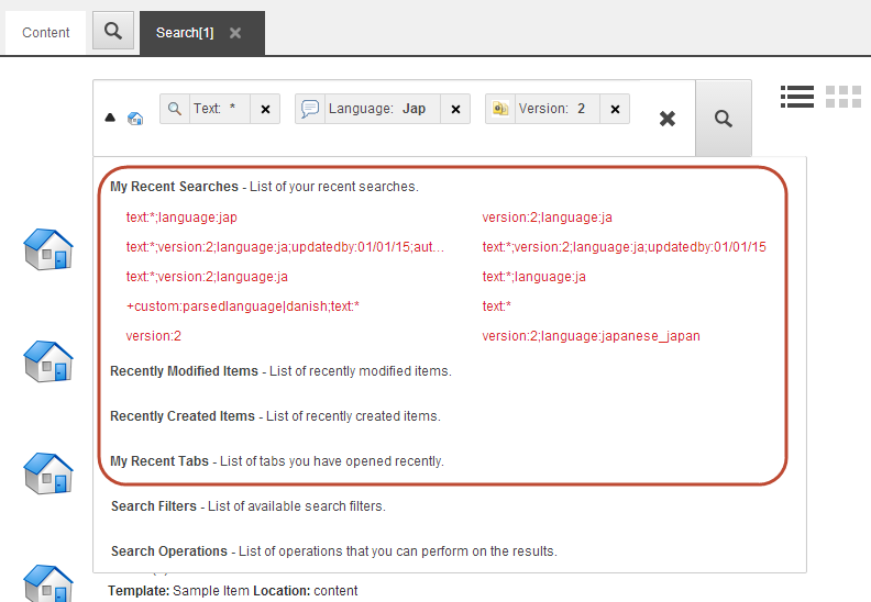 The Search tab with the list of recent searches expanded. The Search tab with the list of recent searches expanded.