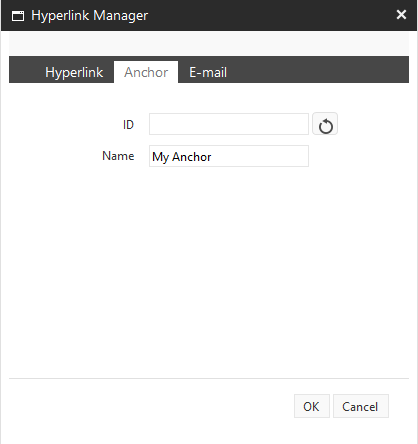 The Name field on the Anchor tab contains My Anchor. The Name field on the Anchor tab contains My Anchor.