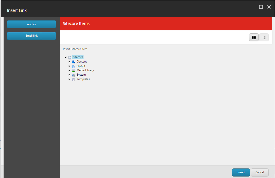 The Insert LInk dialog box that opens from the page in Experience Editor The Insert LInk dialog box that opens from the page in Experience Editor