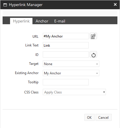 The Existing Anchor field on the Hyperlink tab contains My Anchor.