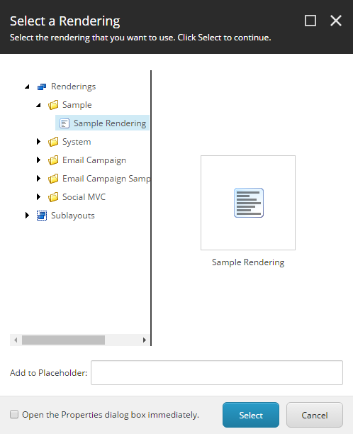 Select Rendering dialog box showing the Sample Rendering.