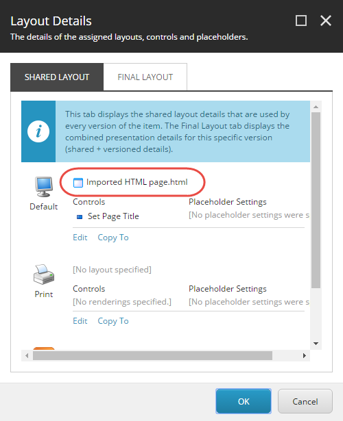 Layout details dialog box showing the Imported HTML page location.