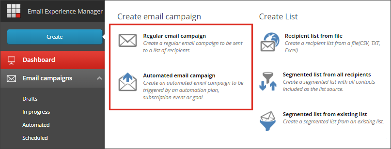 Create email campaign selection pane. Create email campaign selection pane.