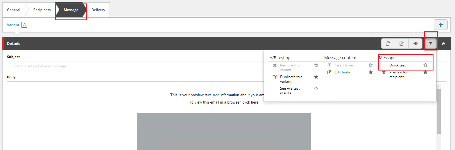 In the drop-down list, select Quick test.