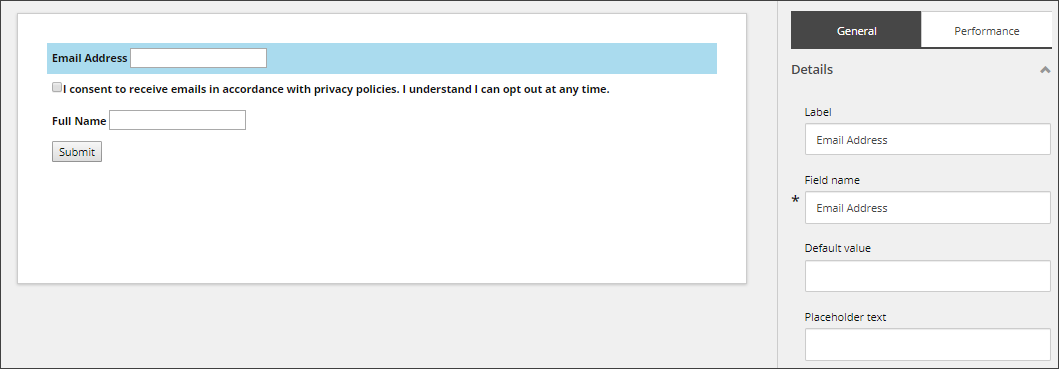 Example of a form showing the Form elements pane.
