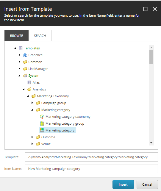 Insert from Template dialog box showing the marketing category. Insert from Template dialog box showing the marketing category.