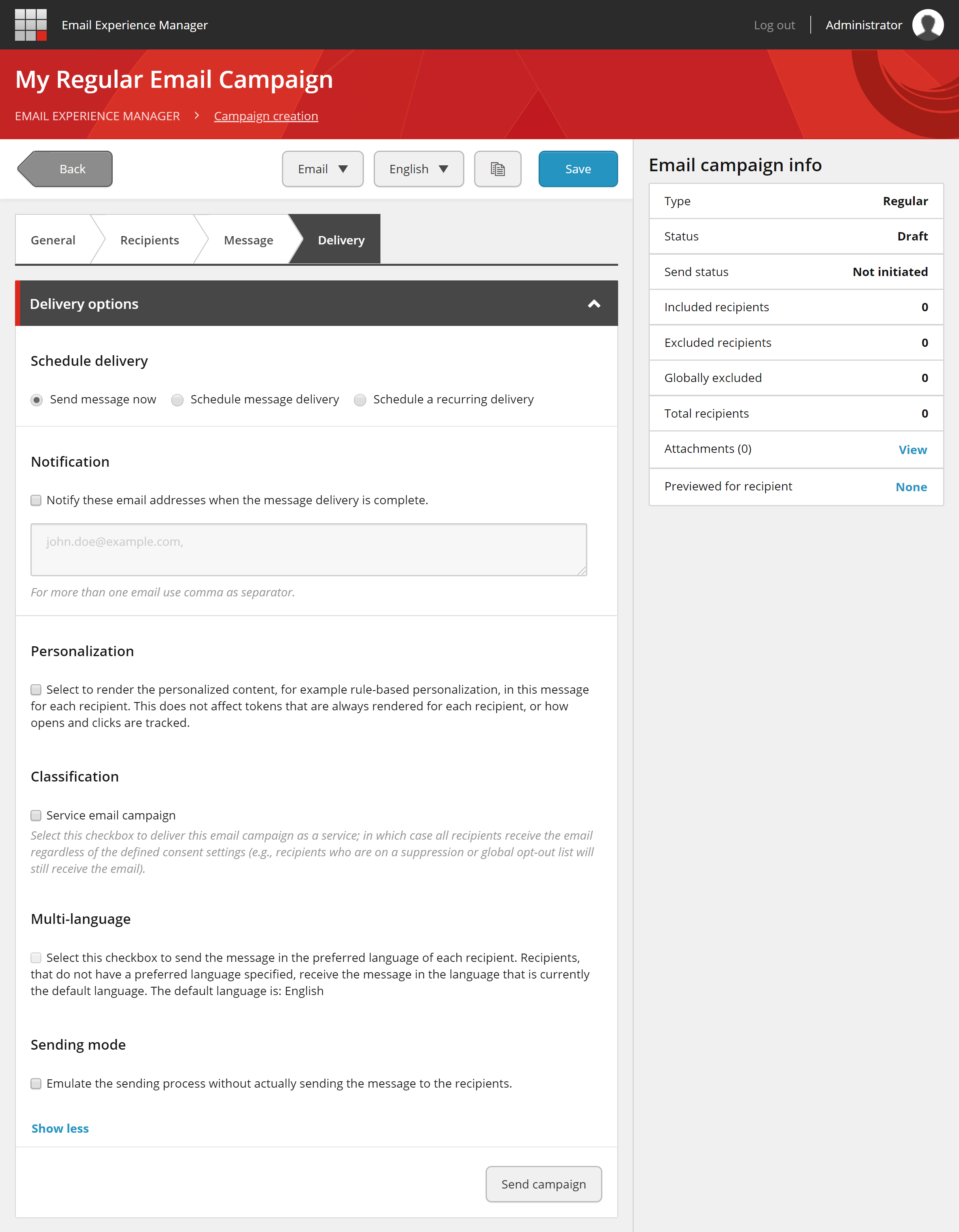 Delivery options for regular email campaigns.
