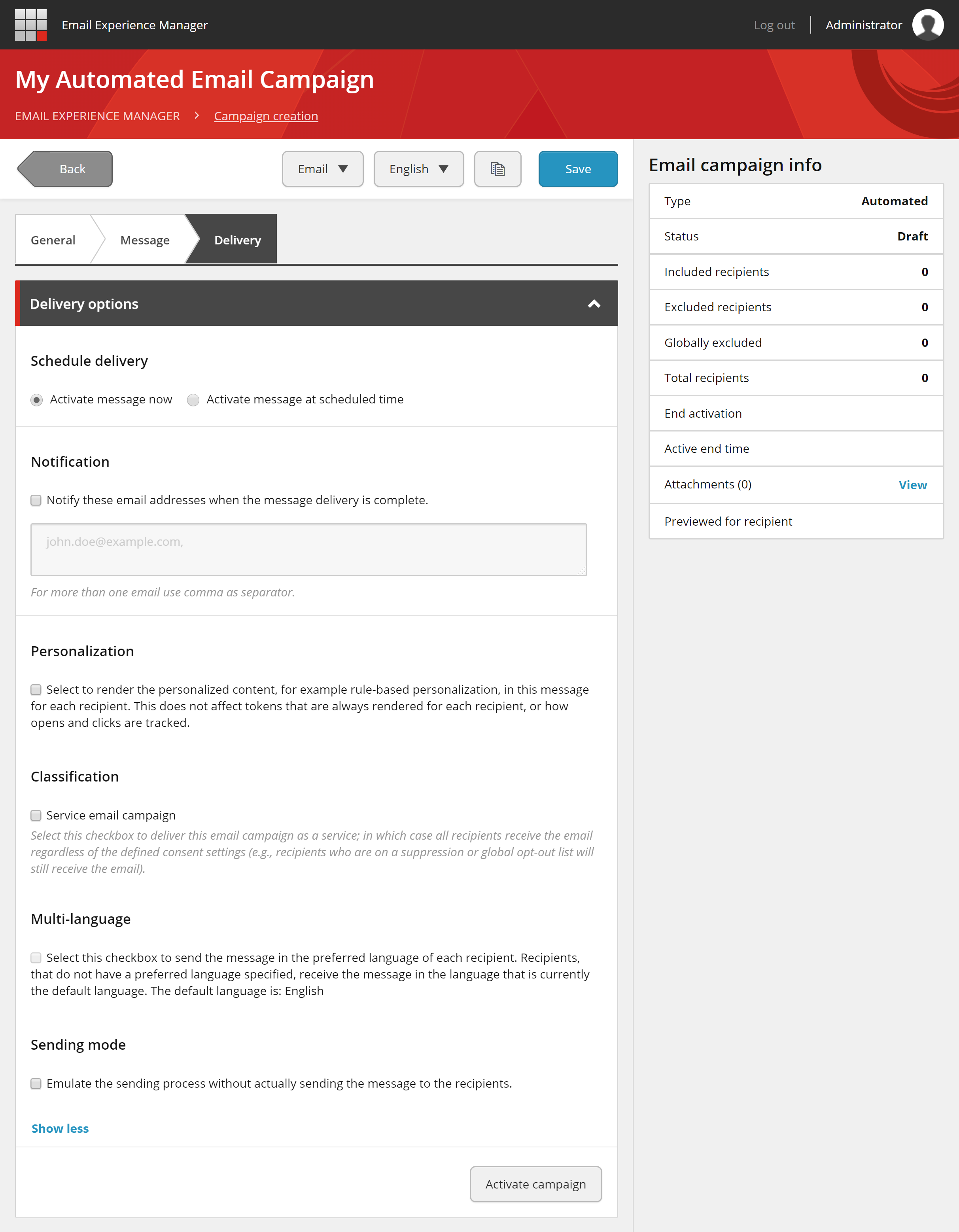 Delivery options for automated campaigns.