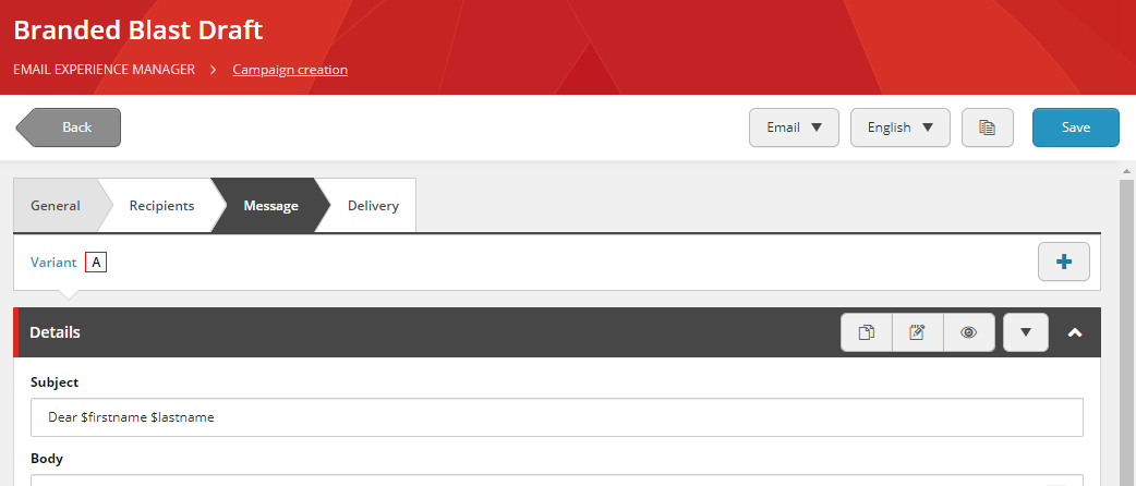 Email Experience Manager Message tab showing the plus icon next to the variant.