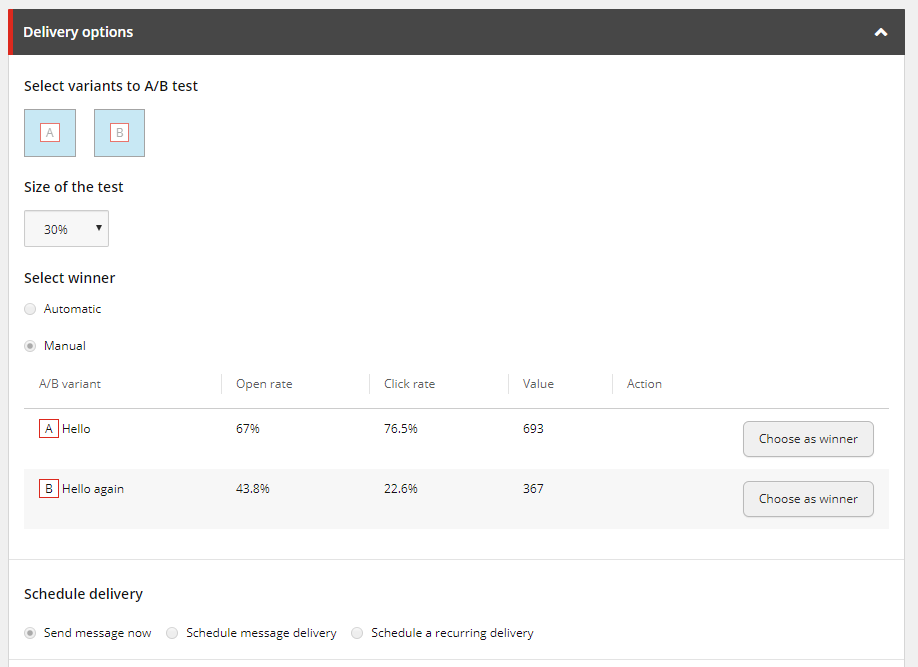 Email Experience Manager Delivery options for an A/B test.