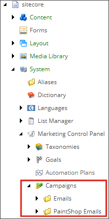 Marketing Control Panel Campaigns folder in the sitecore tree structure. Marketing Control Panel Campaigns folder in the sitecore tree structure.