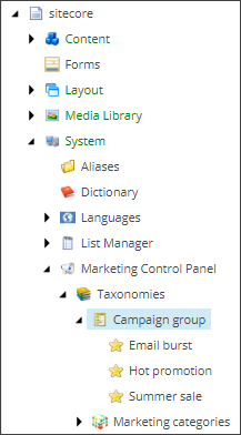 Taxonomies for email campaigns shown in the Content Editor Taxonomies for email campaigns shown in the Content Editor