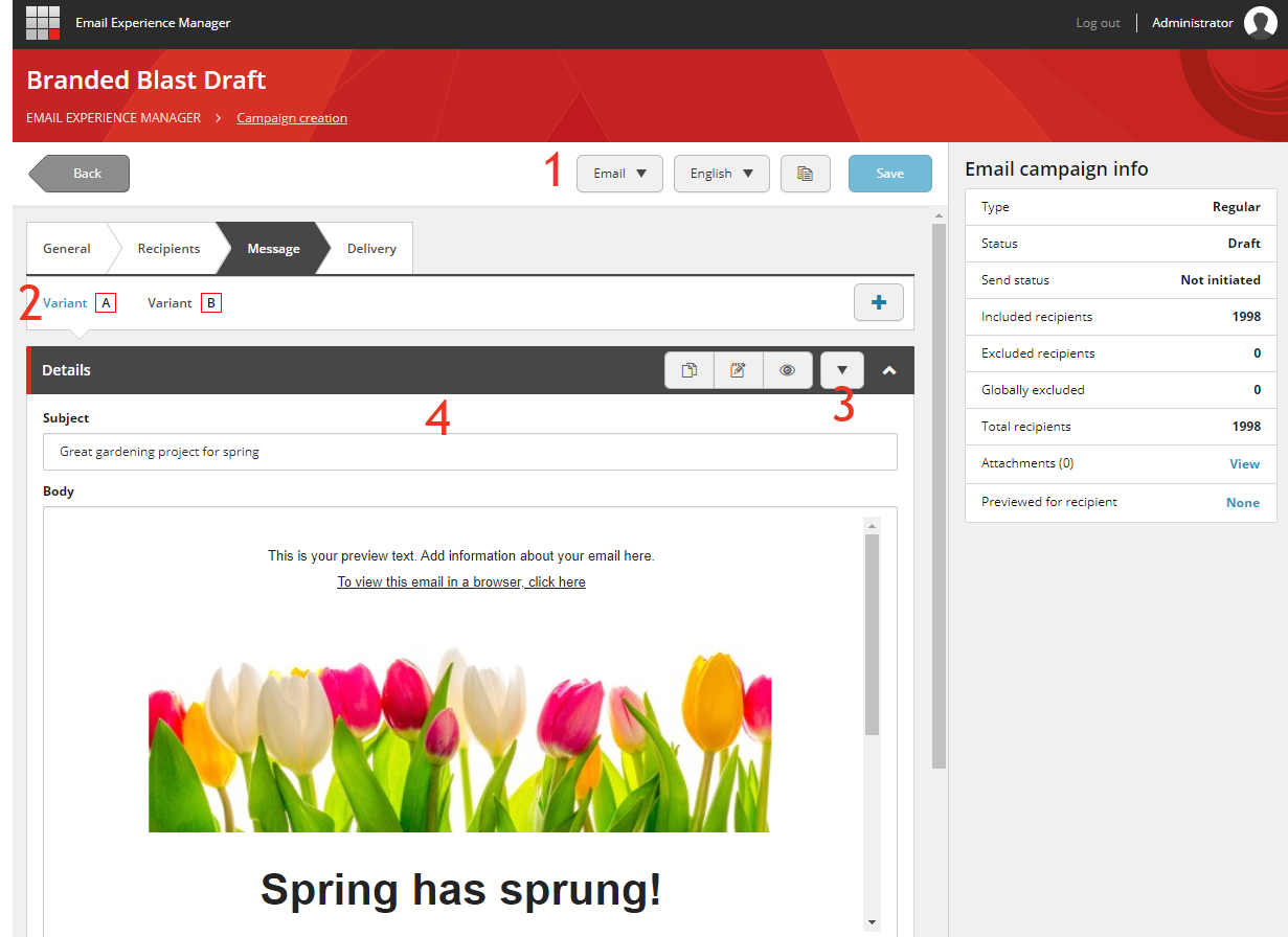 The email campaign builder Message tab.
