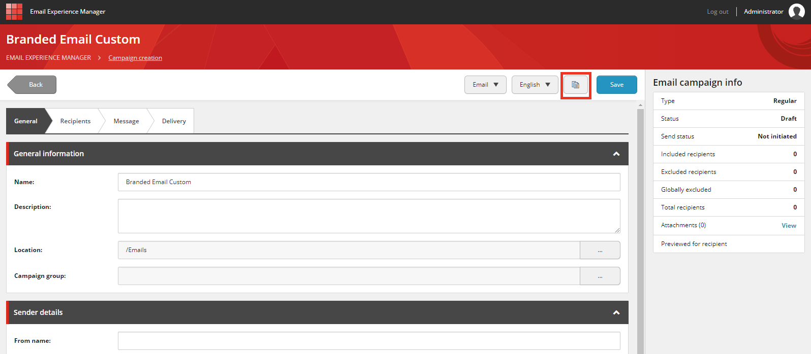 Email Experience Manager showing that the Copy button is to the left of the Save button.