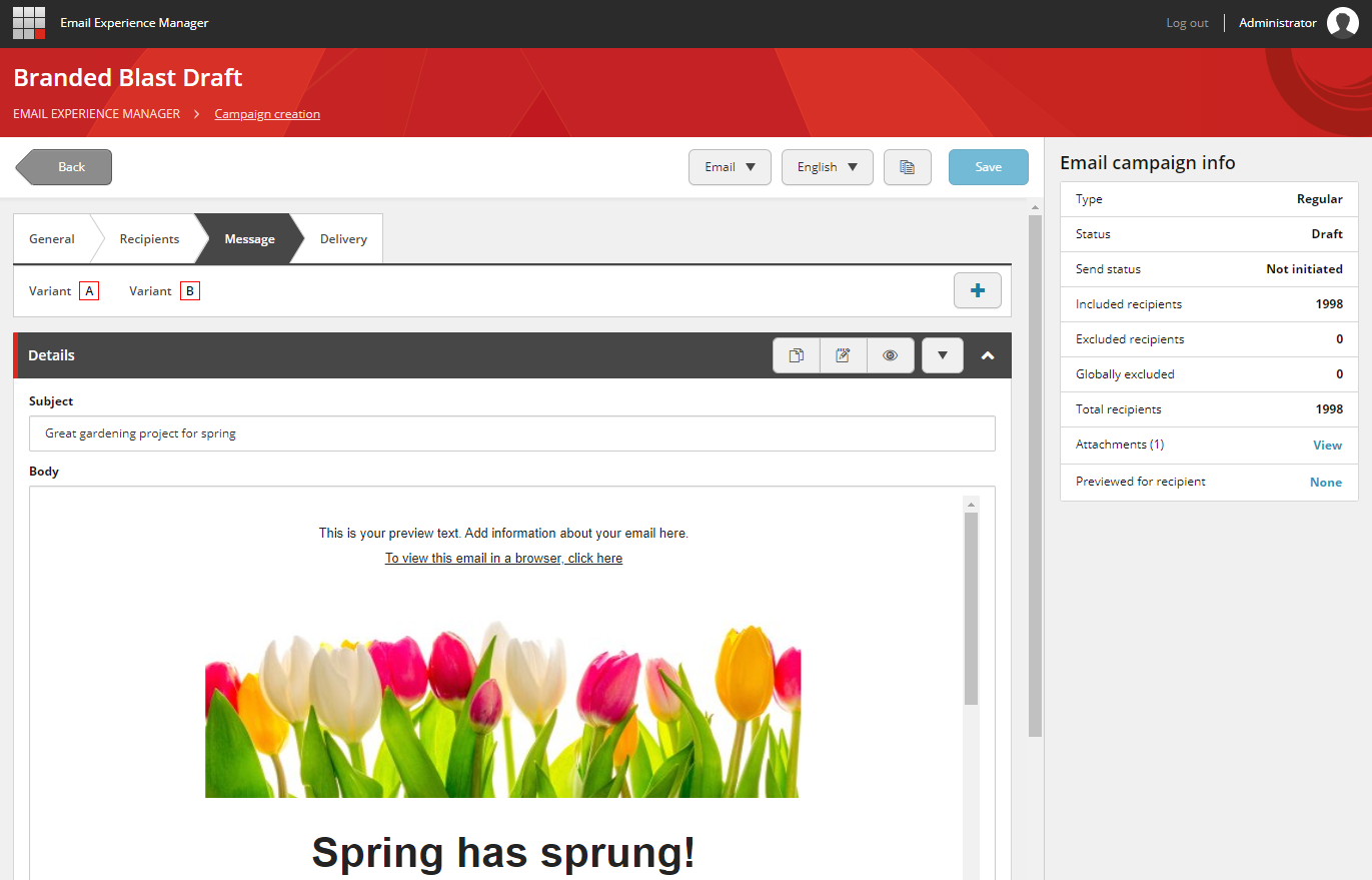 Email Experience Manager dialog box showing the Message tab where you add attachment.