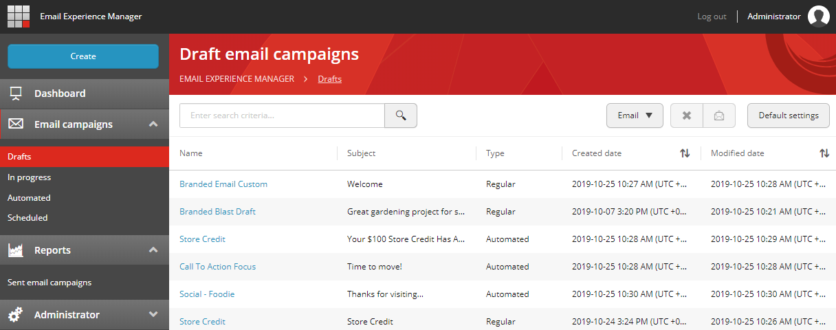 List of the email campaigns.